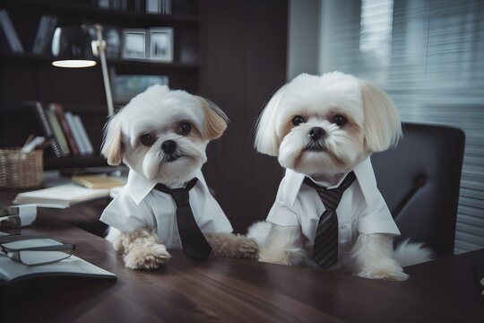 Two white dogs in ties behind the desk