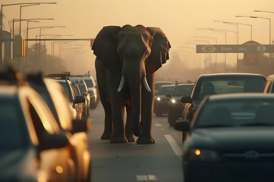 Huge elephant running between cars