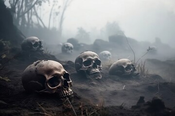 old battlefield with skulls in fog, apocalypse and hell, Generative AI