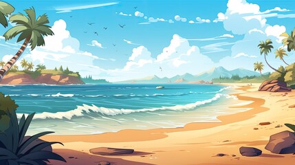 Fototapeta na wymiar Sky and sun at sea background, ocean and beach vector island scenery empty cartoon. Ocean or sea water with waves and clouds in sky summer blue seascape with cloudy sky and seaside. Generative Ai
