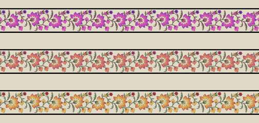 Digital Textile Design, Mughal Flower Motif Art, Ethnic Flower Motif, Mughal Motif Border Design, digital print on fabric