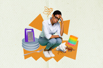 Poster banner magazine collage of tired female guy tired dirty apartment many chores cleaning...