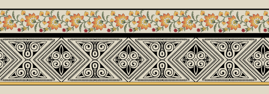 A beautiful Baroque Ornament style border design handmade artwork ornament pattern with watercolor, repeat floral texture, vintage background hand gala design flower design