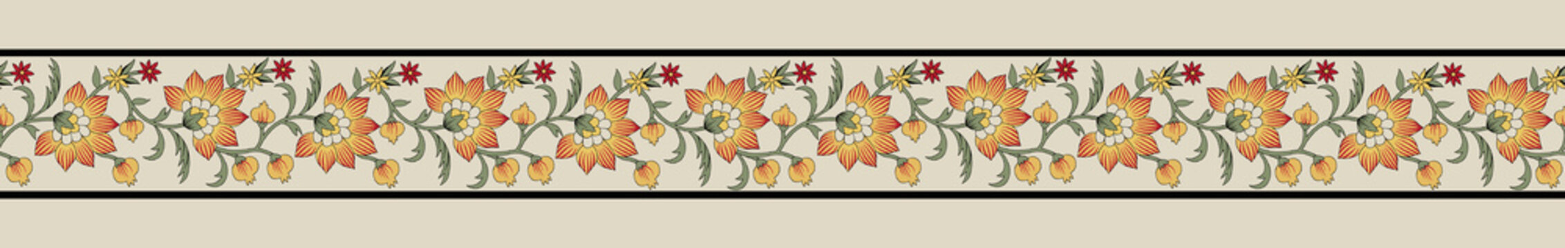 Mughal arts flowers borders ethic banches or elemants. Digital Textile Design, Mughal Flower Motif Art, Ethnic Flower Motif, Mughal Motif Border Design, digital print on fabric.