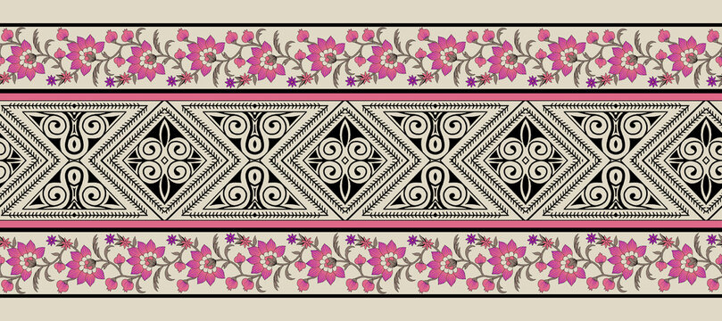 seamless Paisley border pattern on black background. Hibiscus flower border with traditional Asian design elements.