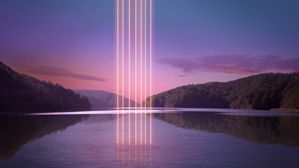 Neon colored, fluorescent, abstract lines appearing from water, lake around forest. Sunset time,...