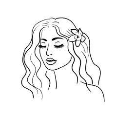 Young woman face with lush eyelashes.Flower in hair.Beautiful girl face on a white background. Glamour fashion beauty woman face illustration,eyelash extension.