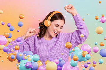 Poster magazine collage of young lady listen playlist with high tech equipment dancing on metaverse...