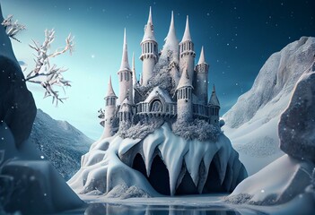 Magic Ice Castle with snow. Digital art. 3D illustration. Generative AI