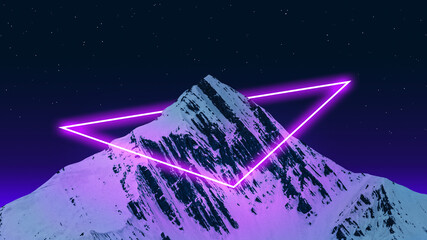 Abstract, creative design for wallpaper, background and banner with pink neon triangle on peak of...