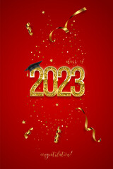 2023 graduation ceremony vertical banner. Award concept with academic hat, golden numbers, ribbons, confetti and text isolated on red background