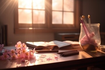 School desk in a class room in soft morning light with pink sakura petals. Generated ai.
