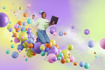 Colorful creative template collage of addicted excited lady high technology lover win bonus...