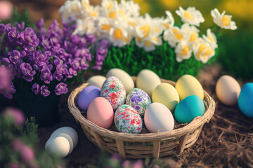 Fototapeta na wymiar Beautiful wicker basket with multicolored Easter eggs. Outdoor flower garden background. Spring holiday concept. Ai generative.