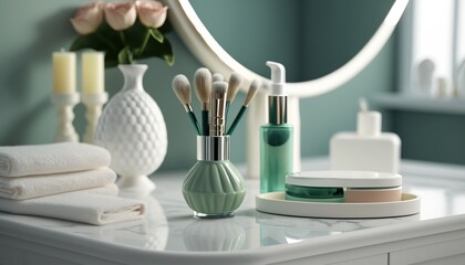 Fototapeta na wymiar Beautiful luxury bathroom table with decorative and body care cosmetic products, flowers and mirror. Indoor horizontal background. AI generative image.