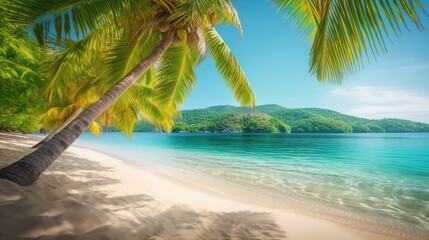 Plakat Beautiful and peaceful sea sandy coast, sunny summer beach panoramic scene with palm trees, outdoor background. Vacation time. Horizontal pc splash screen. AI generative image.
