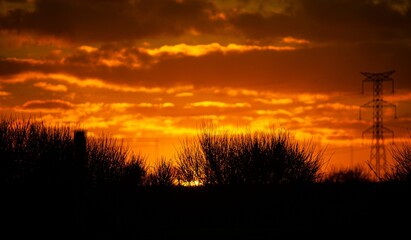 Fototapeta premium Dreamy sunset with grass and power station silhouettes, fiery sky background