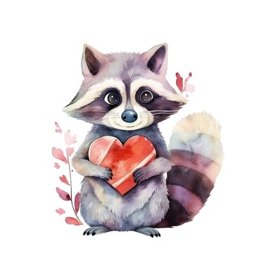 Cute watercolor image of a little racoon holding a heart. Generated ai.
