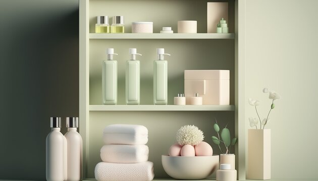 Bathroom shelf with different cosmetic products, hygiene and body care concept, indoor background in soft colored pastel palette. AI generative image.