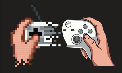 illustration of gaming evolution, from pixelated to high definition