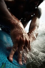 close-up of a surfing mans hands, watersplashes, actionshot - ai-generated