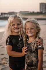 Fototapeta na wymiar two smiling little girls at the beach - ai-generated