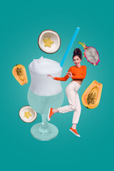 Funny young girl dance weekend bar visitor enjoy drink summer cocktails milkshake tasty liquid exotic fruits isolated on green background