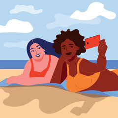 Two plus size women in bikini on a beach towel take a selfie. Relaxed and smili. Plus size girl, overweight woman. Fat acceptance movement. Curvy women in swimwear, bathing suits. Vector illustration.