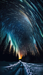 Breathtaking landscape with starry night sky and coniferous forest silhouette. Long exposure star trails. AI generative image.