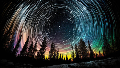Stunning star trails motion time-lapse night sky with forest silhouette landscape. Beautiful nature astro background. AI generative image.