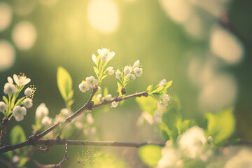 Close up spring blossom branches with beautiful small white buds. Floral outdoor nature background with selective focus and bokeh effect. Golden hour sun light. AI generative image.