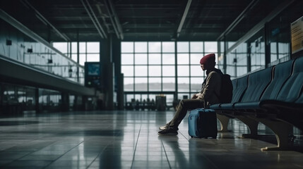 Fototapeta na wymiar A traveler waiting in the departure terminal of an airport, with immigration processes and the anticipation of a flight serving as the main concept. Generative AI.