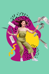 Creative template collage of young carefree girl wear green overalls celebrate shopping season spend dollars isolated on green background