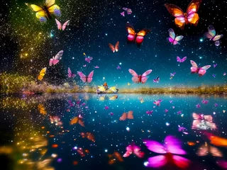 Foto op Plexiglas Grunge vlinders カラフルな蝶が舞う星空の夜