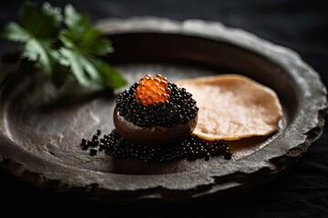 Black Caviar Snack, Sturgeon Delicatessen, Luxury Seafood, Black Caviar, Abstract Generative Ai Illustration