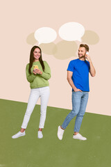 Fototapeta na wymiar Vertical collage of two young couple friends girl speaking calling her boyfriend conversation phone dialogue isolated on beige background