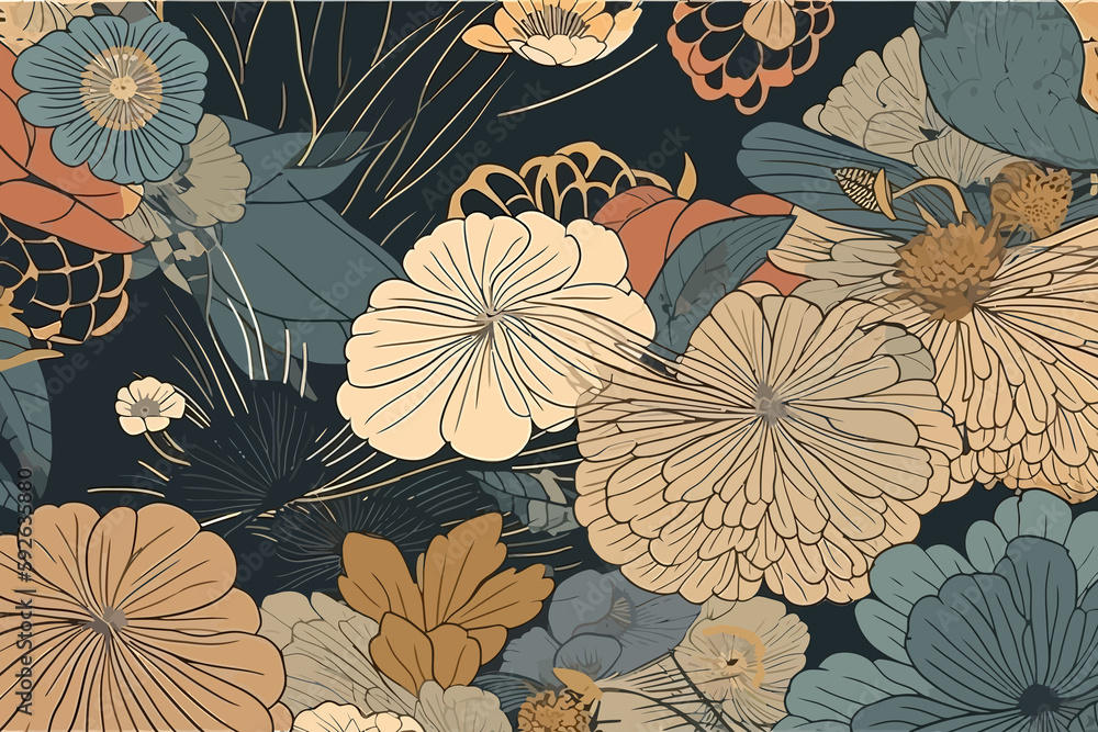 Sticker Luxury golden art deco wallpaper. Traditional oriental, minimalistic Japanese style. Generative AI