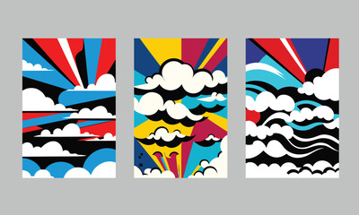 Pop art vintage sky illustration, cartoon retro colorful superhero cover with cool clouds