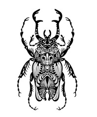 Tattoo beetle. Rhinoceros beetle, hand drawing . Engraving illustration, Vector graphic, Insects, Bug, isolated on white background, woodcut style