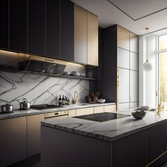 Fototapeta na wymiar Photo of a modern kitchen with sleek black cabinets and elegant marble countertops