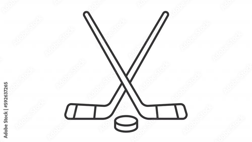 Poster playing hockey linear animation. pair of sticks and puck. sport gear. professional team game. seamle