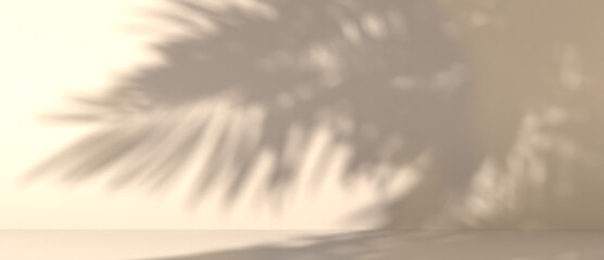 blurred shadow of palm leaves on a yellow wall. Abstract minimal background for a product presentation. Summer and spring seasons, texture for a display