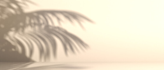 Fototapeta na wymiar blurred shadow of palm leaves on a yellow wall. Abstract minimal background for a product presentation. Summer and spring seasons, texture for a display