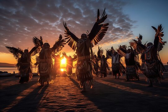 Native American Dancers performing a ceremonial eagle dance, arms outstretched and heads tilted back to portray the majestic bird taking flight on auburn sunset sky. Generative AI