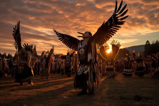 Native American Dancers performing a ceremonial eagle dance, arms outstretched and heads tilted back to portray the majestic bird taking flight on auburn sunset sky. Generative AI