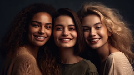 Three happy female friends enjoy laughing happily taking selfie. Generative AI