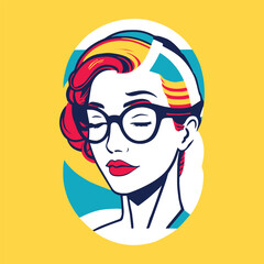 Woman with vintage colorful hair and glasses, glamour lady in pop art style, cartoon comic character, fun and artistic design
