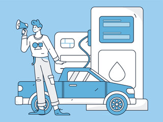 Vector internet operation hand-drawn illustration of people getting discounts for refueling the car
