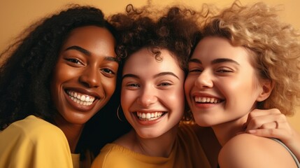 Fototapeta premium Three happy female friends enjoy laughing happily taking selfie. Generative AI