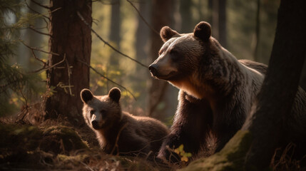 Brown bear with bear cub wandering in the forest woods, generative AI